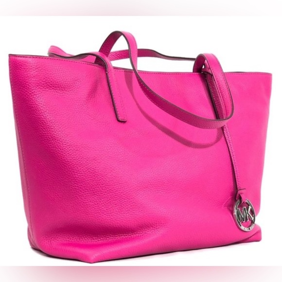 MICHAEL Michael Kors Handbags - Michael Kors Izzy Hot Pink Large Leather Tote Purse Silver MK Charm